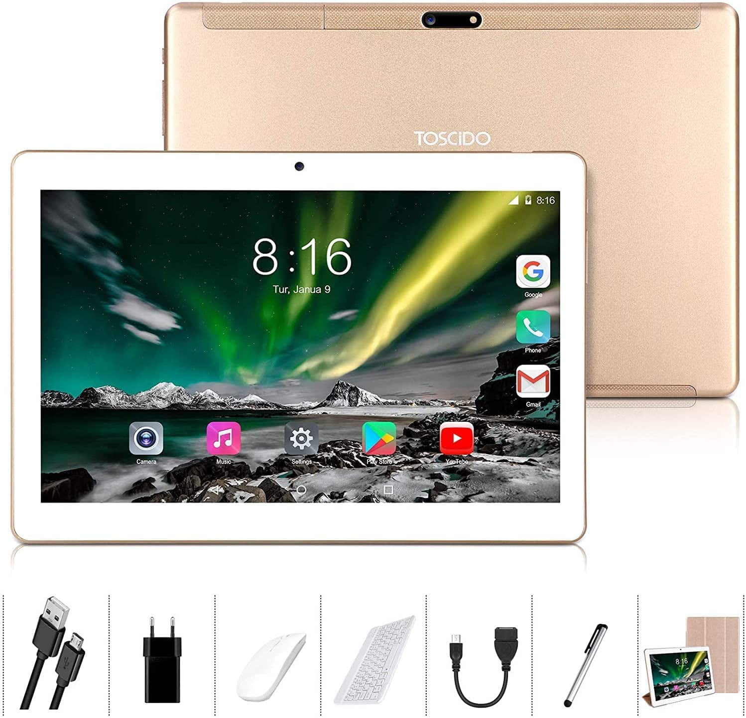 Tablet TOSCIDO 10 inch, 4GB RAM 64GB Storage, Octa-Core 1.6GHz Processor,  Android 10.0, 5000mAh, Type C, GPS/WiFi/Bluetooth4.2, Keyboard/Mouse/Tablet  Cover Include, Gold 