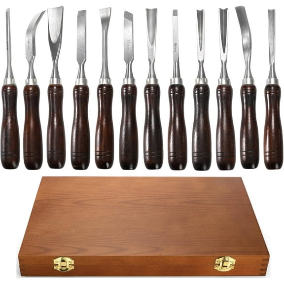 12 Pieces Wood Chisel Set, Woodworking Carving Tools with Wooden Box, CR-V Steel Edge Blade with Premium Wood Handle, Professional Wood Gouge Turning Tools for Craftsman Carpenter Beginners