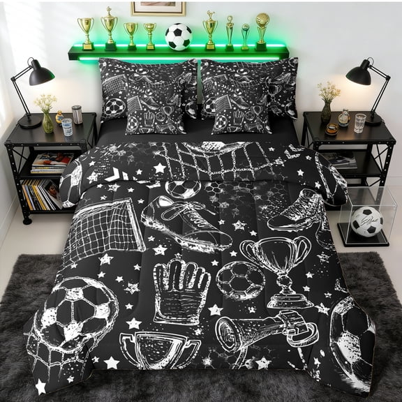 Erosebridal Soccer Print Twin Bedding Sets 7-Piece for Boys Girls,Sport Football Bedding Comforter Set for Kids Teens,Black Reversible,Lightweight Room Decor