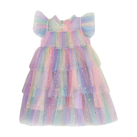 

Toddler Girls Fly Sleeve Rainbow Star Sequins Prints Tulle Princess Dress Dance Party Dresses Clothes 5t Princess Dress Crazy 8 Toddler Dress