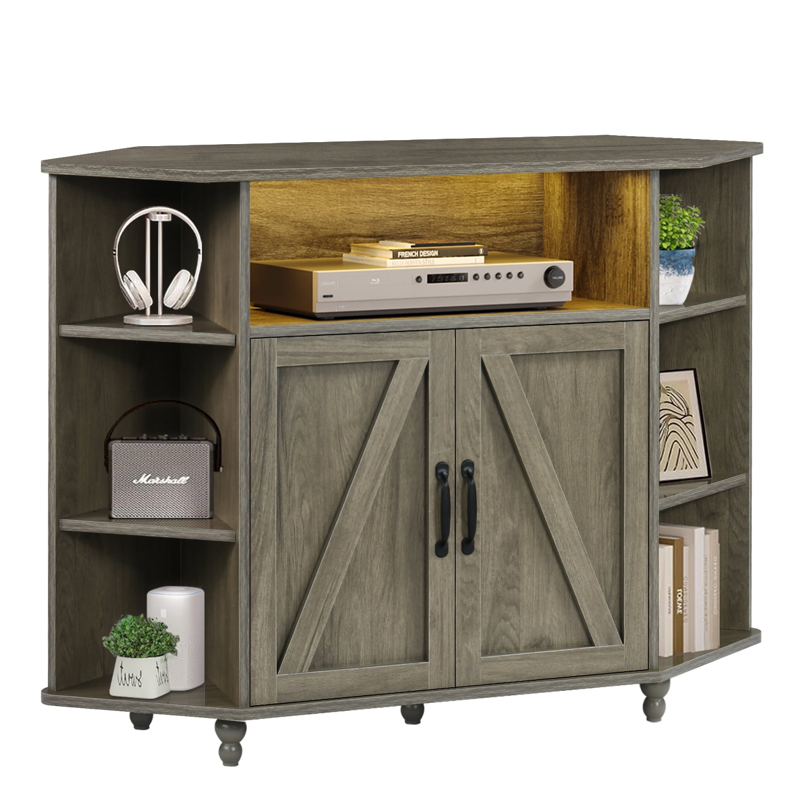 Corner TV Cabinet with LED Lights for 50 Inch TV, Adjustable Shelves, Farmhouse Barn Door Media Console with Storage & Cable Management,Grey