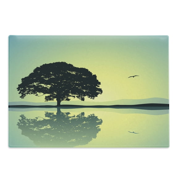 Nature Cutting Board, Plant Standinglone Reflection in Water Gulls Silhouettes Scenery Print, Decorative Tempered Glass Cutting and Serving Board, Large Size, Yellow Green, by Ambesonne