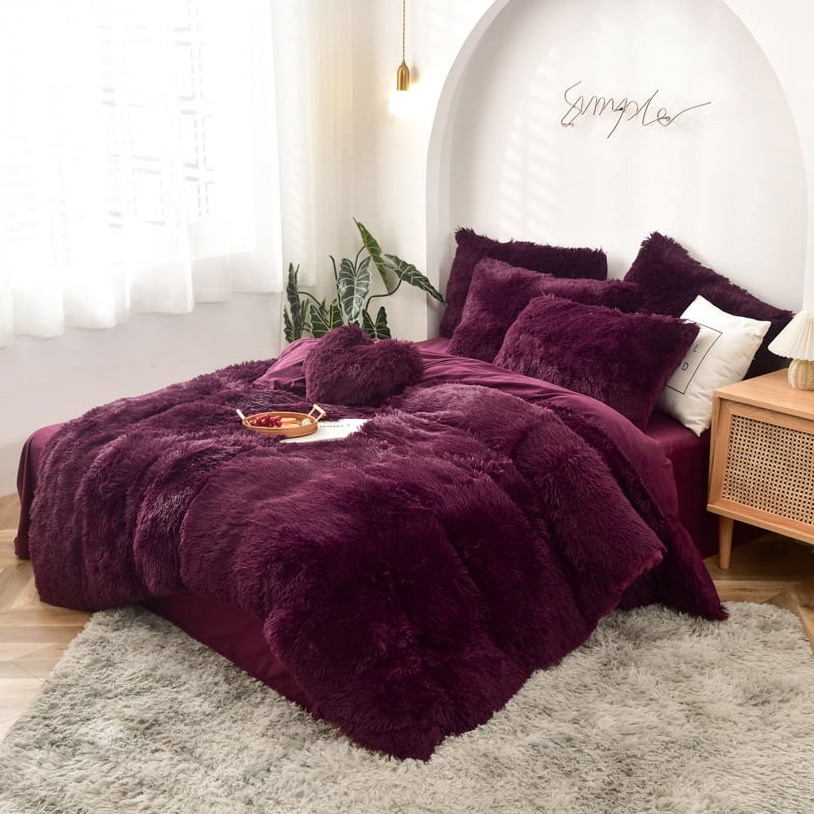 MorroMorn 5 PCS Shaggy Duvet Cover Bedding Set - Fluffy Comforter Cover Long Faux Fur Luxury Ultra Soft Cozy (Maroon, Full/Queen)