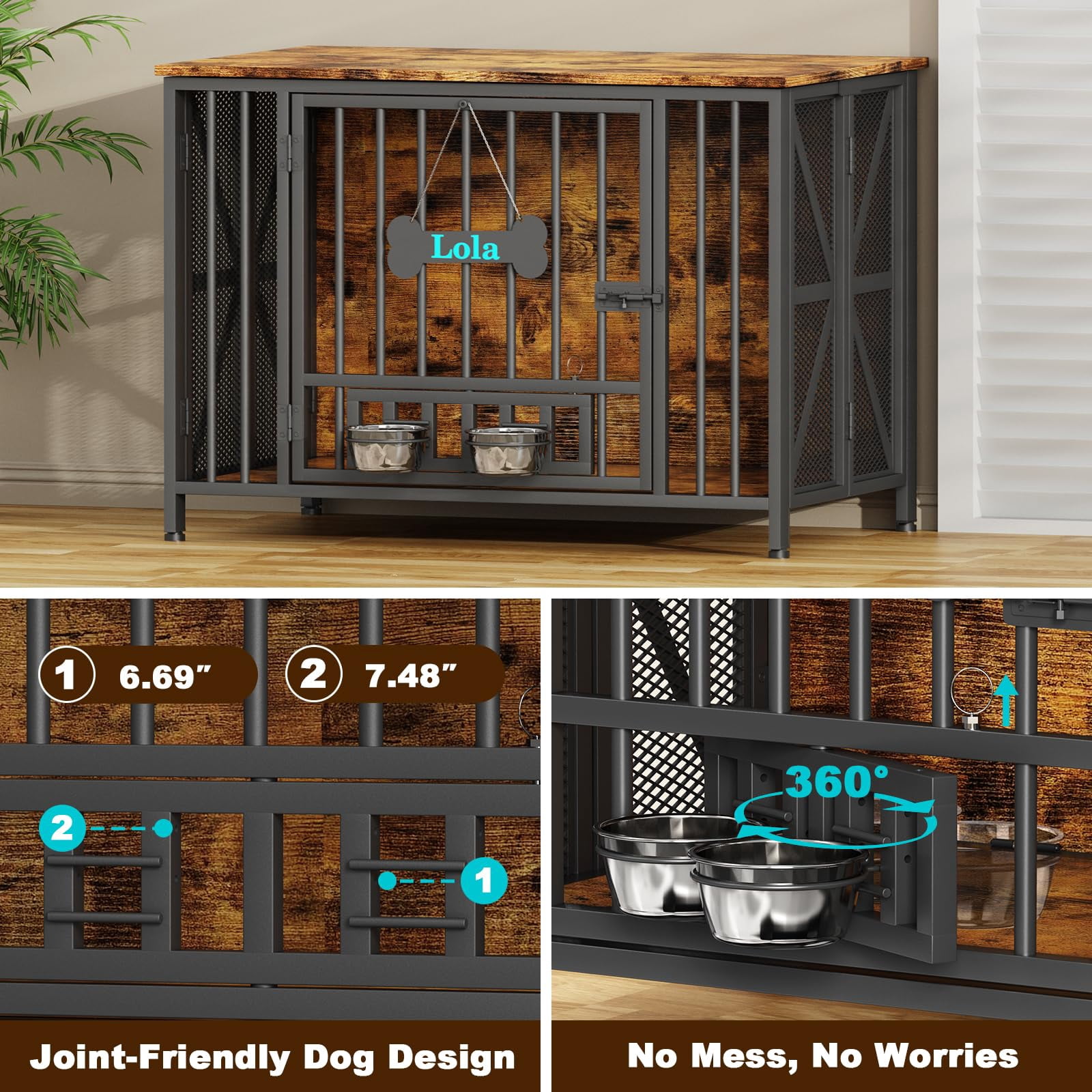 POAO Foldable Large Dog Crate Furniture, 41.3"Assembly-Free Dog Crates for Large Dogs, Wooden Dog Kennel Indoor with Tag & Dog Bowls, Rustic Brown