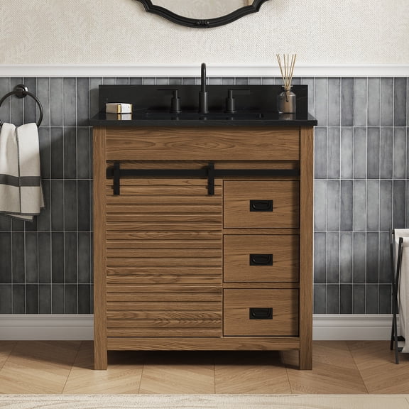 DELUXE LIVING 30" Bathroom Vanities with Sink, Fully Assembled Farmhouse Freestanding Storage Vanity Cabinet, Brown Oak