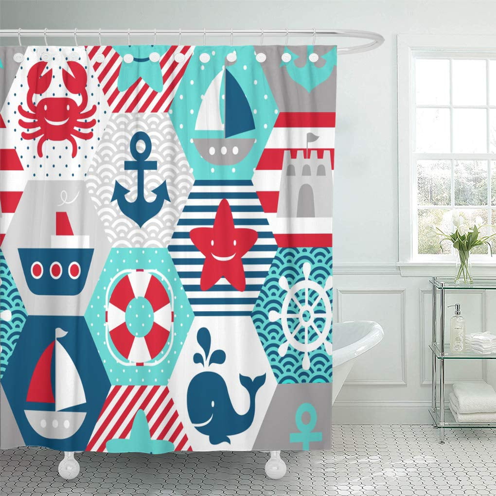 KSADK Anchor Blue Summer Nautical Pattern on White Red Sea Shower