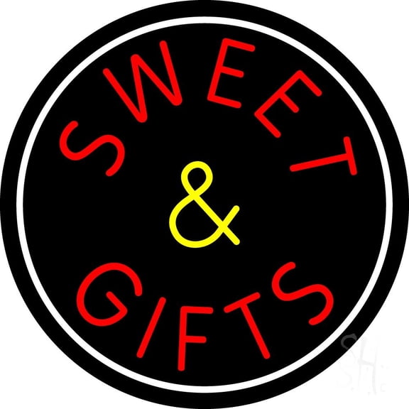 Sweets And Gifts With Border LED Neon Sign 26" Tall x 26" Wide - inches, Black Square Cut Acrylic Backing, with Dimmer - Premium built indoor Sign for Storefront, Store interior.