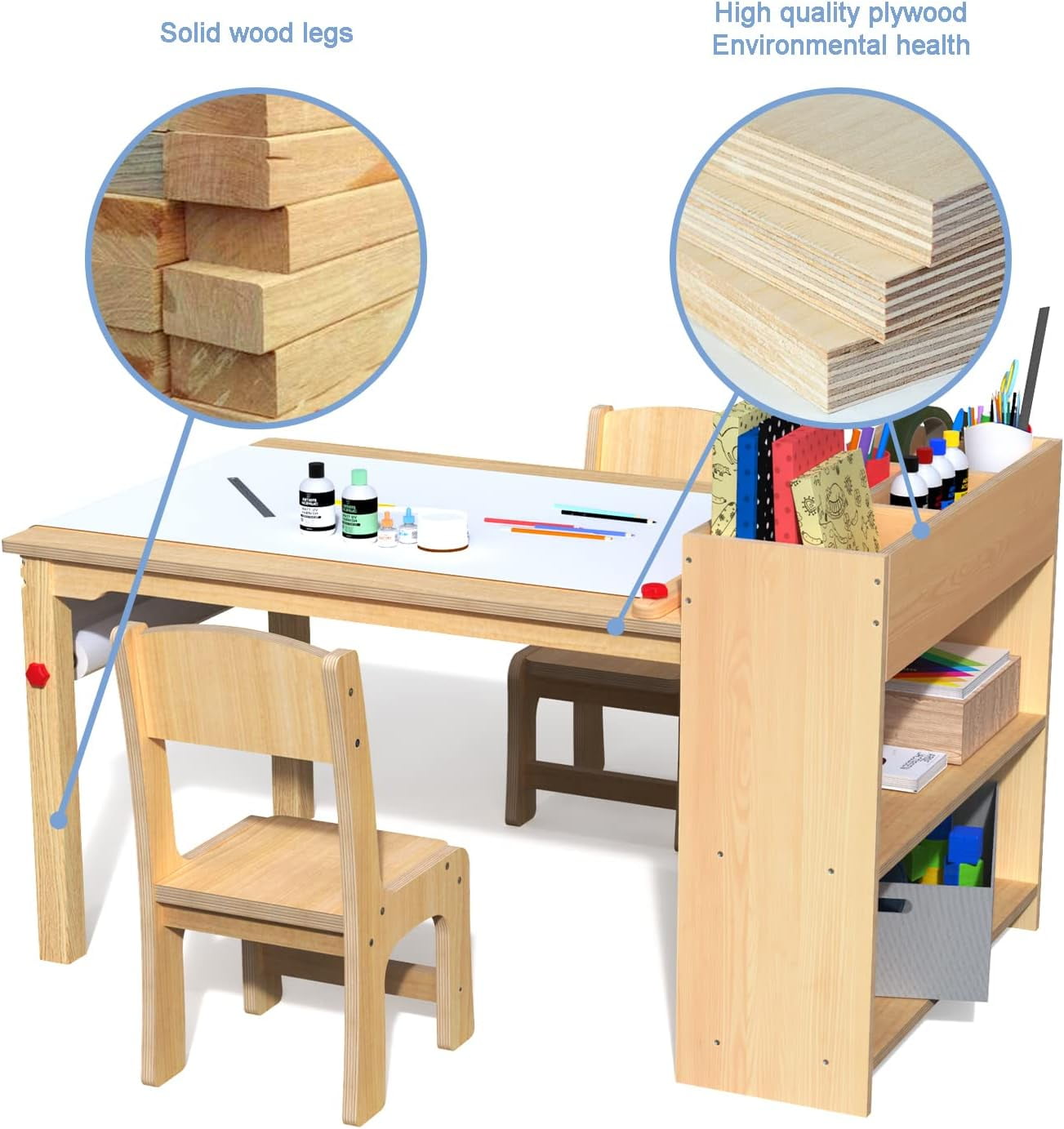 GDLF Kids Art Table and Chairs Set Craft Table with Large Storage Shelves Drawing Desk, Made of Plywood