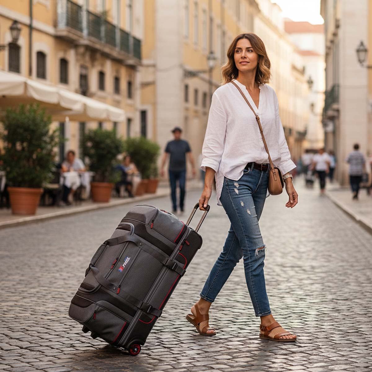 30 Inch Rolling Duffle Bag with Telescopic Handle, Wheeled Duffel Bag with Drop-Bottom,  Large Luggage Bags for Travel, Grey/Red, TBL074