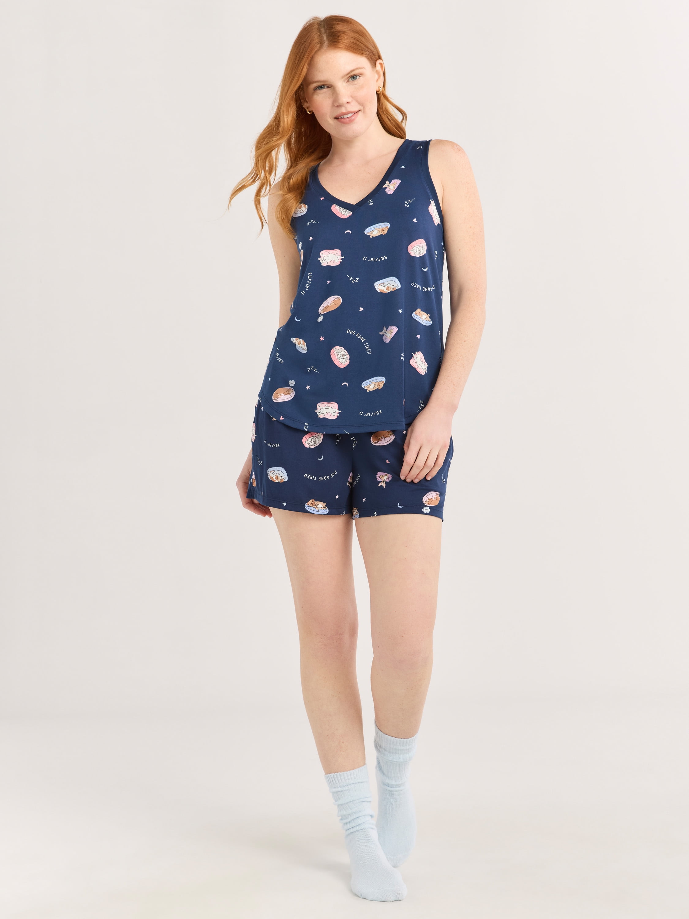 Joyspun Women's Printed Tank Top and Shorts Pajama Set, 2-Piece, Sizes XS-3X