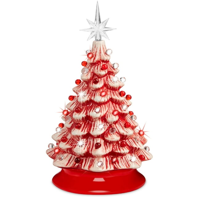 árbol de navidad de cerámica best choice 15 cm preiluminado con 64 luces, vista frontal de mesa de 15 pulgadas con silueta cónica, cerámica pintada a mano en menta con franjas rojas y base circular roja, decorado con 64 bombillas rojas y blancas y una estrella en la punta; cable de alimentación de 5 pies con interruptor, tamaño compacto para repisas o escritorios.