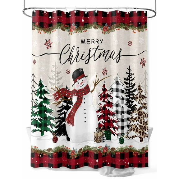 Christmas Small Stall Shower Curtain, Waterproof Shower Curtains for Bathroom, Rustic Red Plaid Tree Xmas Snowman Washable Fabric Cloth Bath Curtain for Bathtub Decoration with Hooks 36x72 Inches