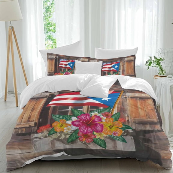 3 Piece Puerto Rico Flag Duvet Cover Set Queen Size,Microfiber Comforter/Quilt Cover with Corner Ties and 2 Pillowcases,Farmhouse Retro Flowers American Flags All Season Bedding with Zipper Closure