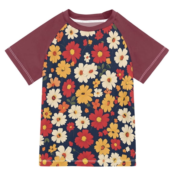 FORMRS Boys Rash Guard Short Sleeves Swim Shirt Quick Dry UPF 50 Sun Protection, Sizes 3-12T, Red Floral