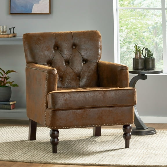 Noble House James Brown Fabric Tufted Club Accent Chair
