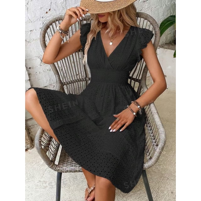Vestido elegante con mangas de hoja de loto y escote en V.