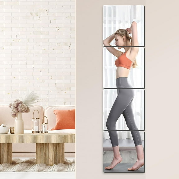4 Pcs Full Length Wall Mirror Tiles, 12 x 16 in Self Adhesive Acrylic Square Mirror, Flexible Mirror Sheets Wall Stickers Frameless Mirrors Set for Bathroom Home Gym Door Mirror