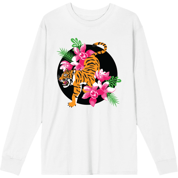 Natural World Tiger & Flowers White Adult Crew Neck Long Sleeve Tee-Medium