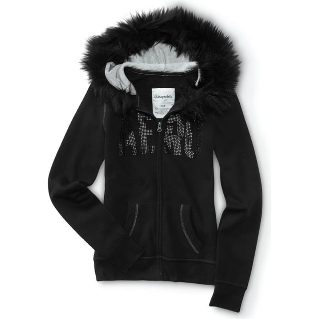 aeropostale suéter con capucha de piel sintética con cremallera para mujer, negro, extra pequeño Sudadera con capucha negra, vista frontal centrada; capucha forrada térmicamente con ribete de piel sintética negra, cierre frontal con cremallera, bolsillos tipo canguro, puños largos y letras con apliques brillantes en el pecho. Fondo blanco minimalista. Adecuada para usar como capa adicional ligera.