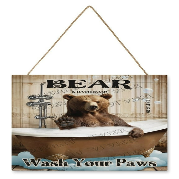 Bear Wash Your Paws Home Wood Sign Wall Decor, Rustic Hanging Home Decor Signs Farmhouse Decorative Floral Wall Art Plaque for Bedroom Living Room Bathroom Kitchen 10"x16"