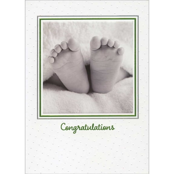 Avanti Press Tiny Feet Peeking from Under Blanket Inside Green and Silver Frame Congratulations on New Baby Card