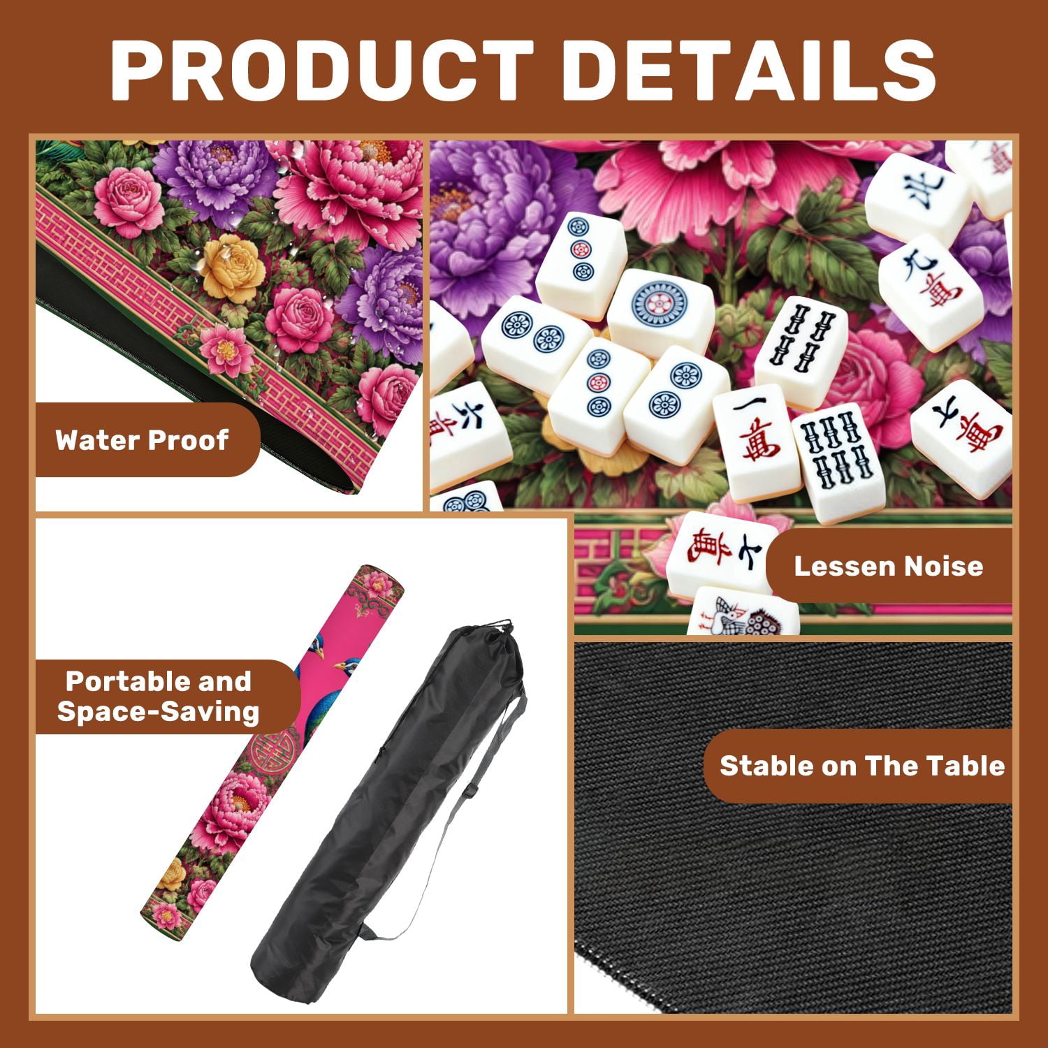 Mahjong Mat 31.5" x 31.5" Vibrant Peacock Floral Art Colorful Feathers Bright Pink Non-Slip Noise Reduction Chic Portable Gaming Table Cover for Family Game Night & Gift