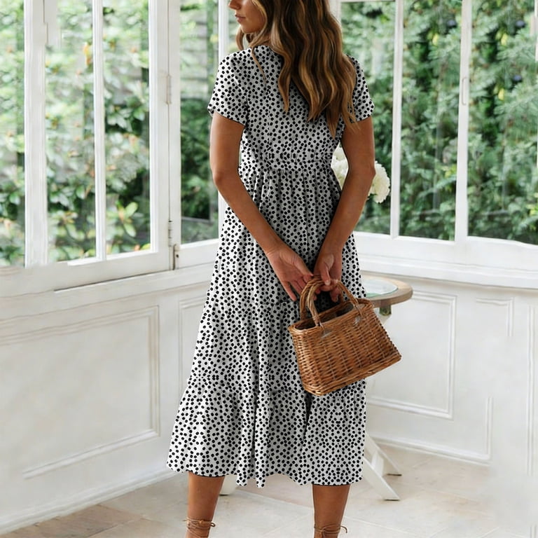 BLVB Summer Fall Dresses for Women Short Sleeve Trendy Beach Midi Dress  Square Neck Tiered Boho Sundress - Walmart.com