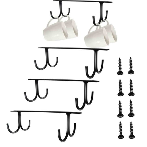 Mug Rack Under Cabinet 4 Pack,Thickened 5mm Metal Coffee Mug Holder Under Shelf with 16 Big Hooks for All Cups,Heavy Duty Coffee Cup Holder,Multifunctional Coffee Cup Rack