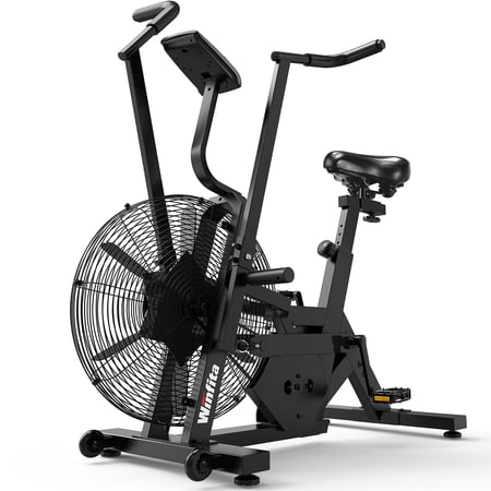 Winfita Air Bike for Home Gym, Fan Exercise Bike with Belt & Chain Dual Drive, Unlimited Resistance, 350LBS Capacity, LCD Monitor, Adjustable Seat for Full Body HIIT Workout, Black Fan Blades