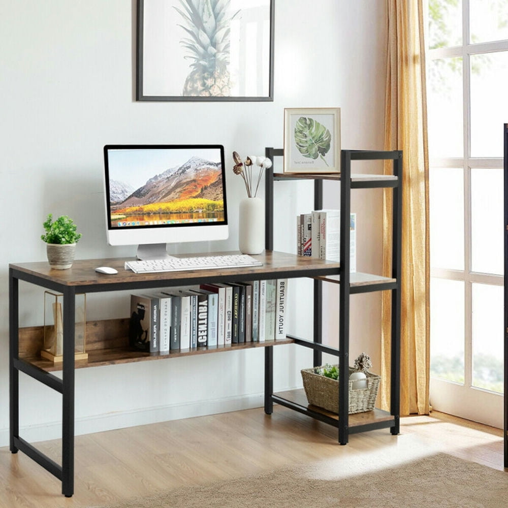 Demi Bonn 59" Computer Desk Office Workstation 4-Tier Storage Shelves, Small Home Study Writing Table, Brown