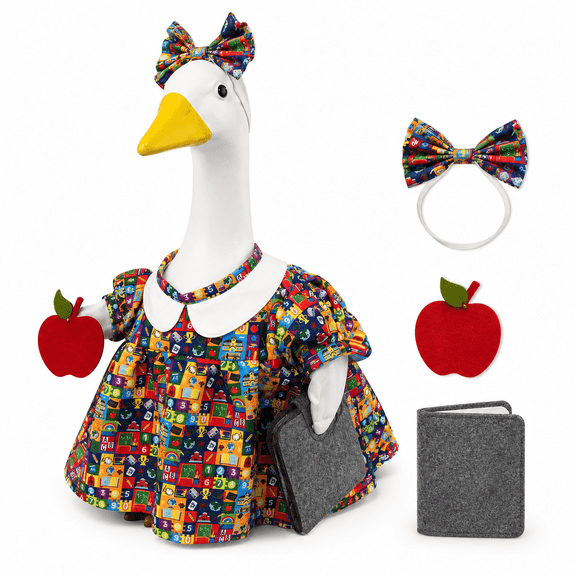 SLUMLOVE Back to School Porch Goose Outfit for 23 Inch Goose Statue, School Dress Set with Bow, Apple and Book