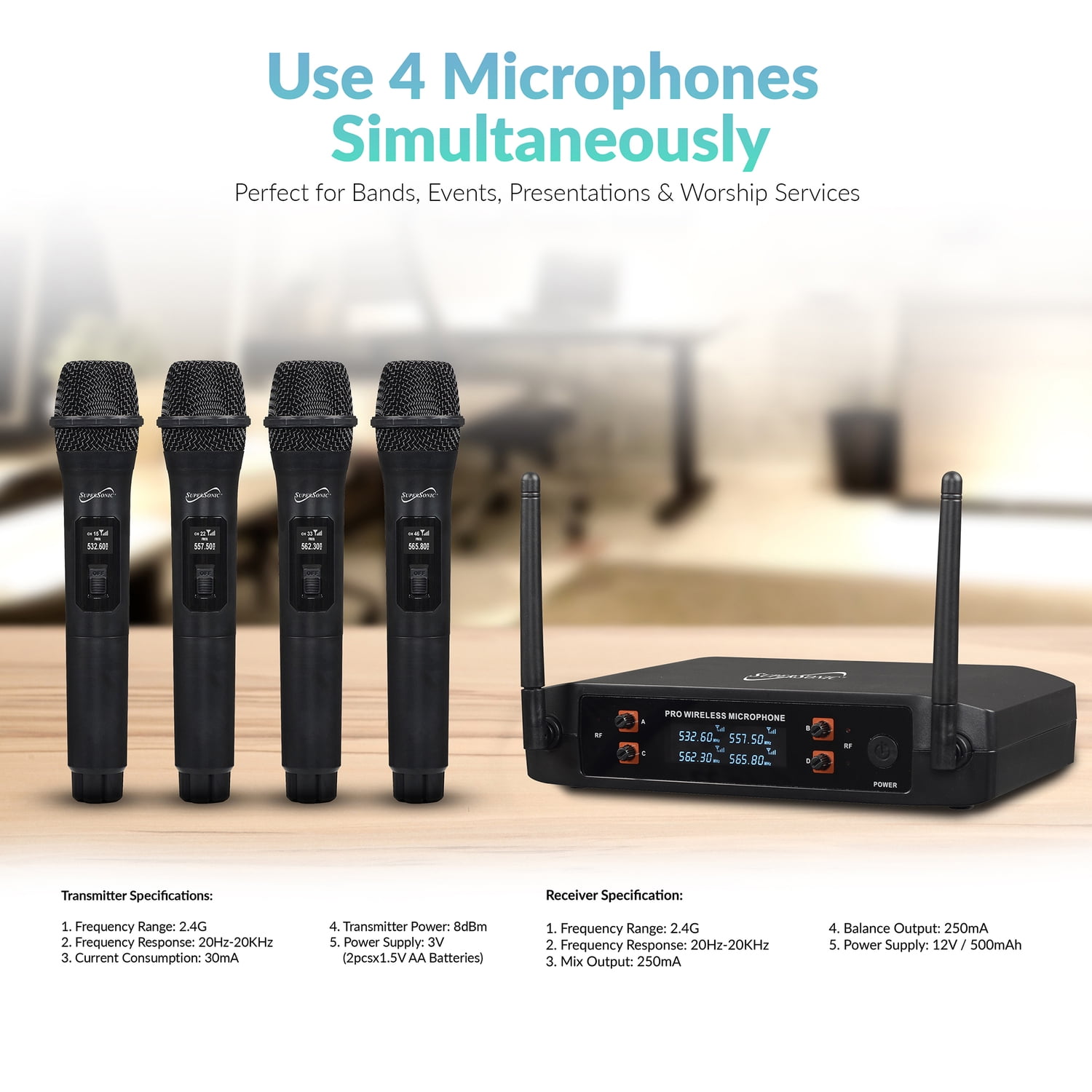 Supersonic 4-Channel 2.4-GHz Wireless Microphone System with 4 Handheld Microphones and Receiver, SC-909