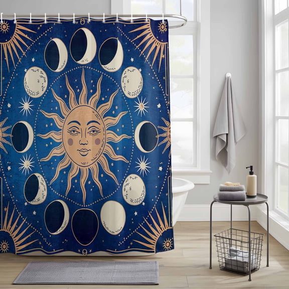 Bathroom Shower Curtain White Moon Sun Blue Background Waterproof Shower Curtains with Hooks, Funny Universe Stars Bath Curtains Bathtub Curtain Home Decor 36x72in