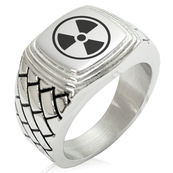 Stainless Steel Encircled Radioactive Geometric Pattern Step-Down Biker Style Polished Ring