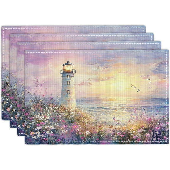 Beach Lighthouse Placemats Set of 4, 12x18 Inch Summer Coastal Table Place Mat Spring Flower Washable Non-Slip Heat Resistant Fabric Placement Mats for Dining Kitchen Indoor Outdoor Decor