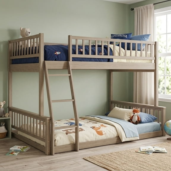 Full XL Over Queen Bunk Bed for Kids Adults, Queen Size Floor Bunk Beds with Inclined Ladder, Solid Wood Low Bunk Bed,Detachable Bunk Beds for Teens,Girls,Boys