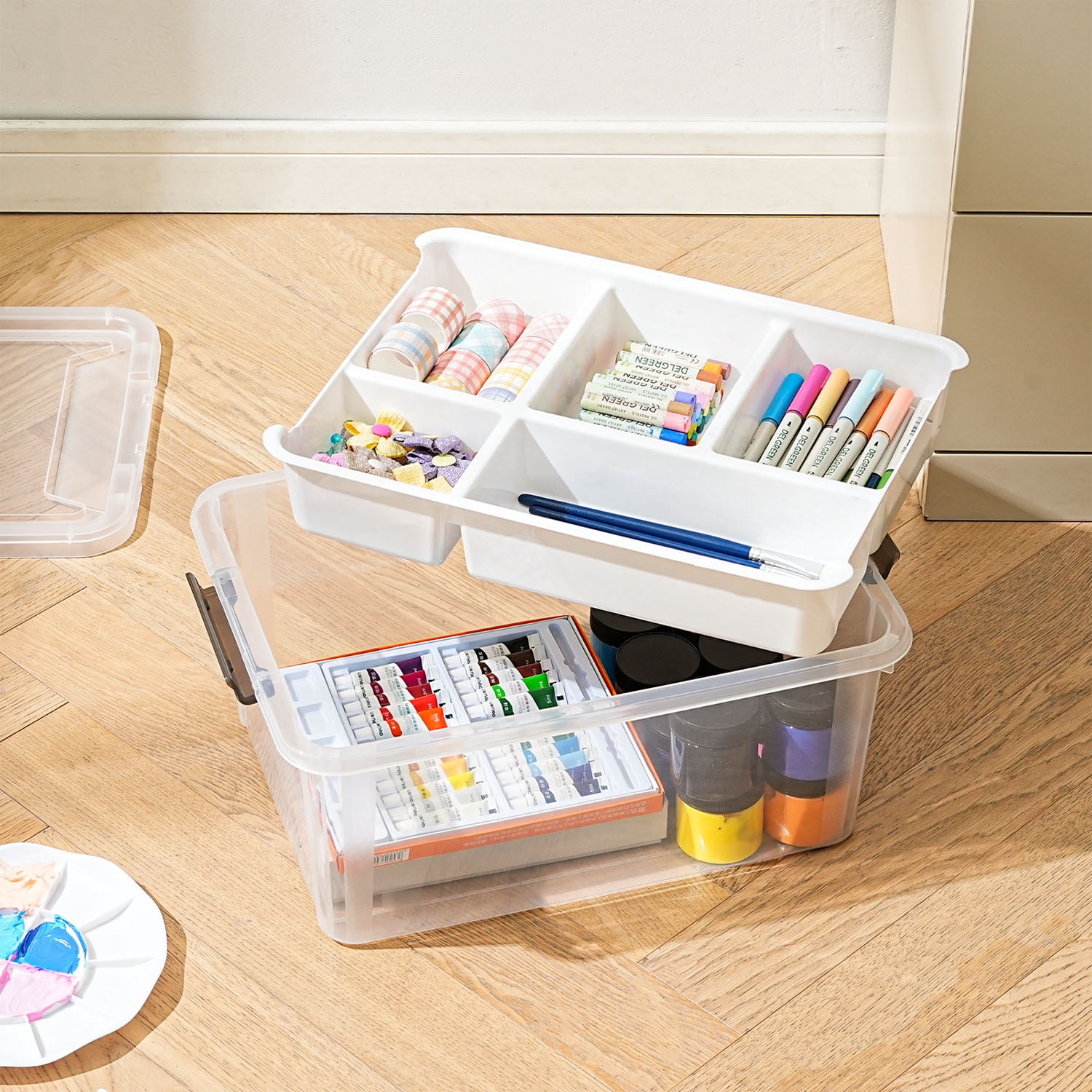17 QT Plastic Storage Box with Removable Tray Craft Organizers and Storage Clear Container for Organizing Bead, Tool, Sewing