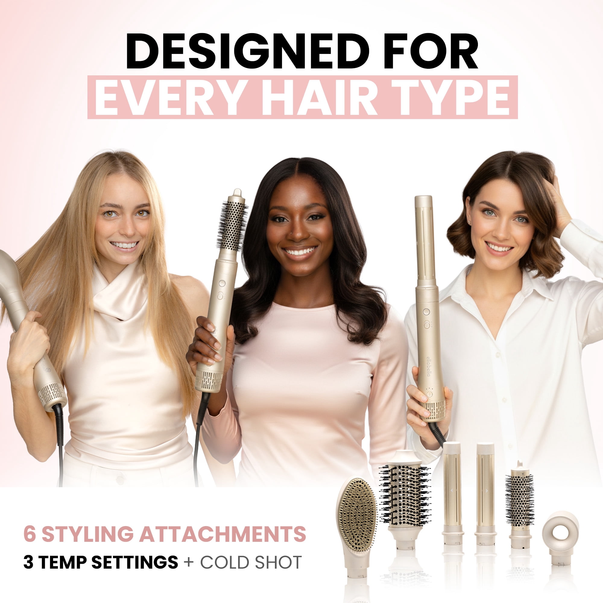 ELLA BELLA® 6 in 1 Professional Hot Air Styler • Powerful Hair Dryer & Straightener Set • Fast Drying Curling Volumizing Straightening Styling • Includes Protective Travel Case (Champagne)