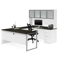 Bestar Pro-Concept Plus U-Desk with Frosted Glass Door Hutch in White & Deep Grey