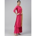 thumbnail image 5 of Janasya Women's Pink Chanderi Silk Woven Festive Straight 3/4 Sleeve Round Neck Calf Length Kurta With Sharara & Dupatta, 5 of 9