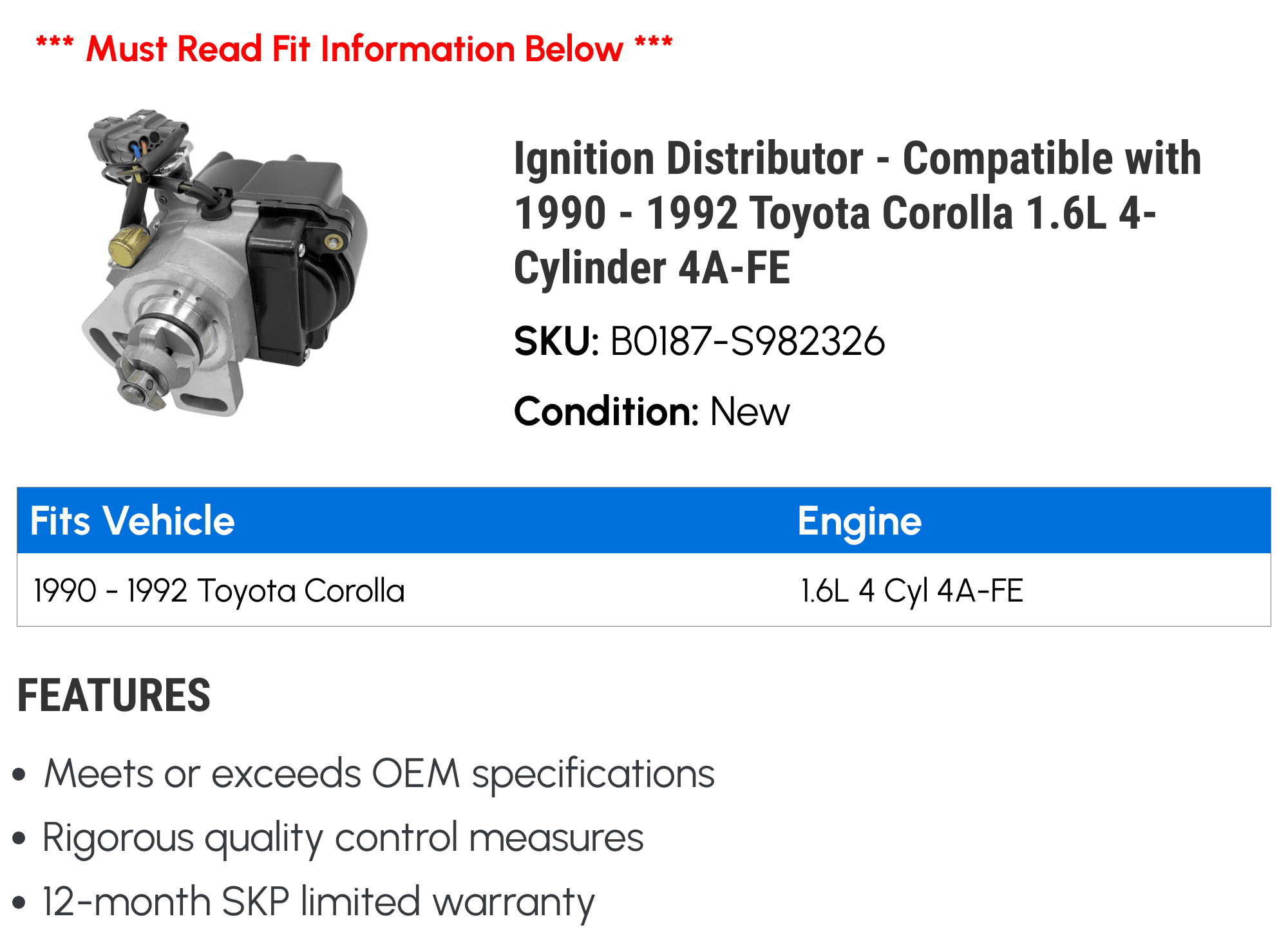 Ignition Distributor - Compatible with 1990 - 1992 Toyota Corolla 1.6L 4-Cylinder 4A-FE 1991