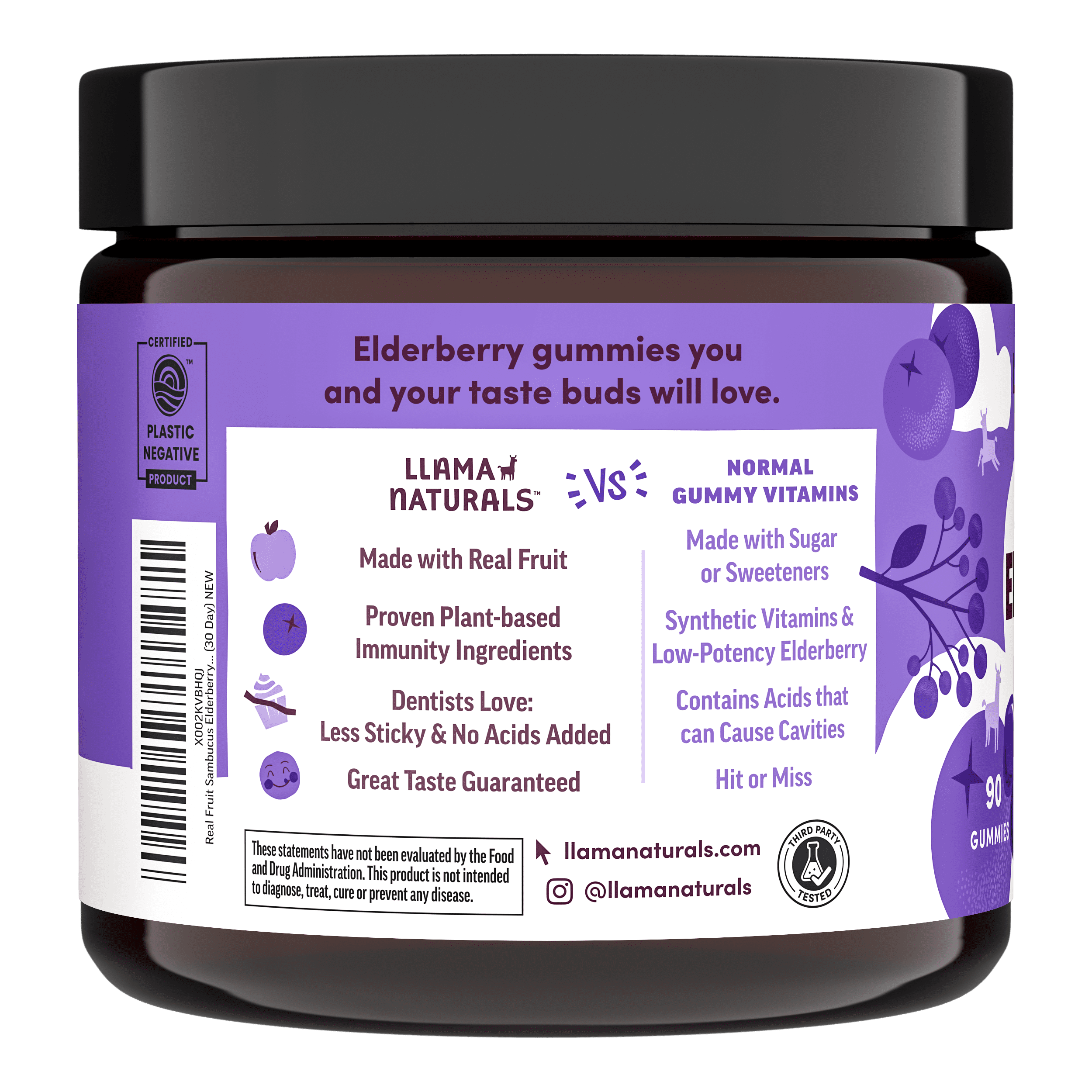 Llama Naturals Elderberry Gummies for Adults, Vegan, Organic Immune Support Supplement with Vitamin C and Zinc, Real Fruit Gummy Vitamins for Immunity, Chewable, No Added Sugar Cane, 90 Ct