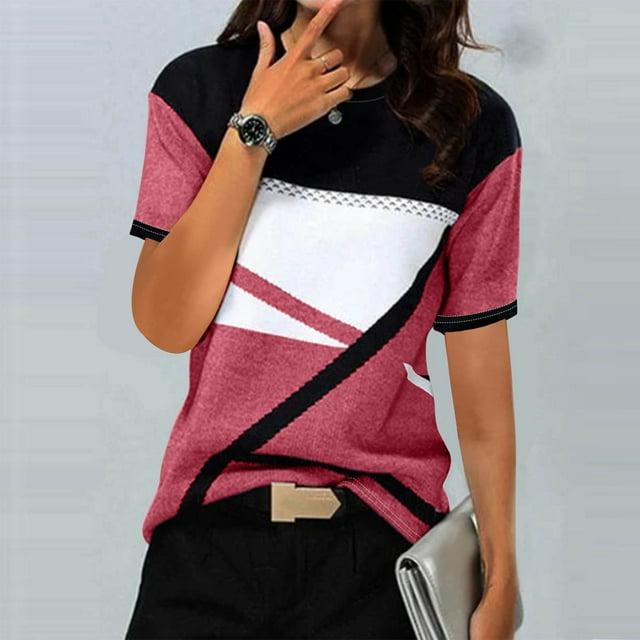 Liquidation d'Économies! T-Shirt Grande Taille pour Femmes BEFOKA, Blouse Décontractée d'Été pour Femmes, T-Shirt Décontracté à Manches Courtes Imprimé Géométrique pour Femmes, Blouse Col Rond Décontractée