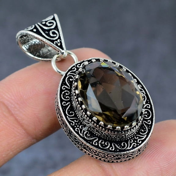 Natural Smoky Topaz Gemstone 925 Sterling Silver Jewelry Pendant 1.77"