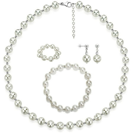 4-Piece Set with White Freshwater Pearl Necklace Sterling Silver Chain 18 + 2 Extender, Matching Stretch Bracelet, Matching Earring, & Matching Stretch Ring, 9mm x 10mm, Silver Beaded