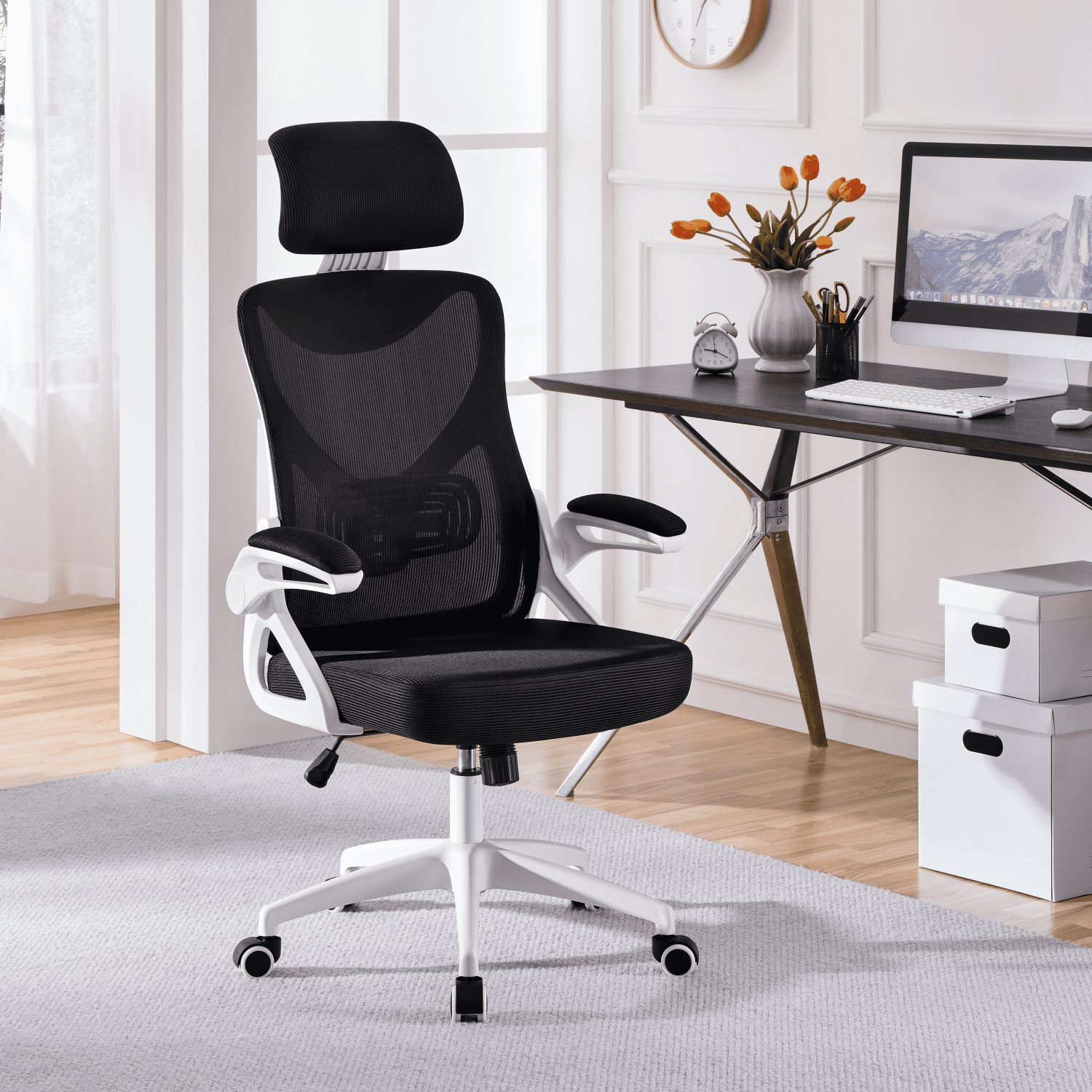 Alden Design High Back Ergonomic Mesh Office Chair with Adjustable Padded Headrest, White/Black
