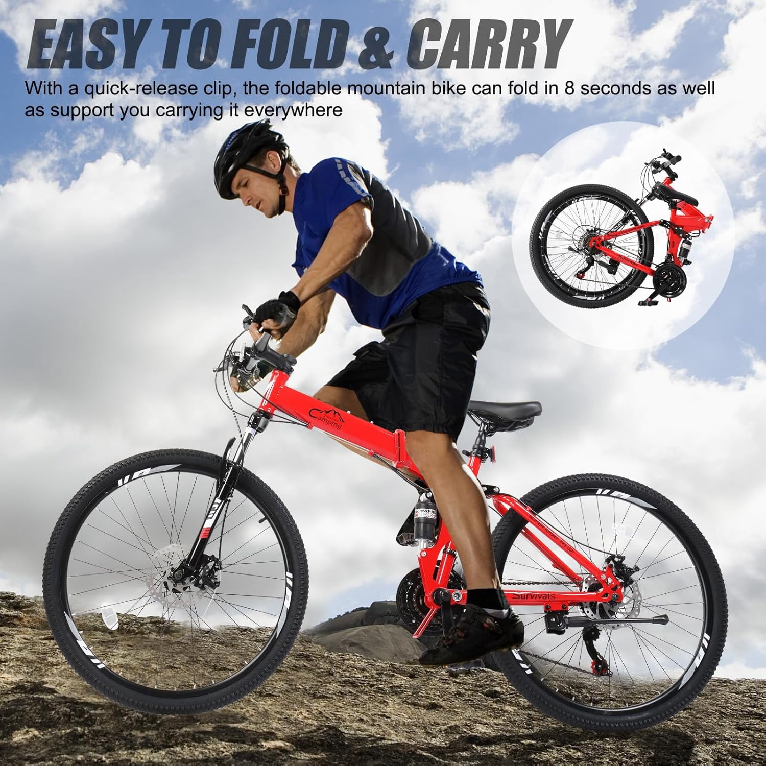 Ambifirner 26 Inch Folding Mountain Bike: Men Mountain Bike 21 Speed,High Carbon Steel ,Disc Brake Folding Bikes for Adults/Men/Women Red