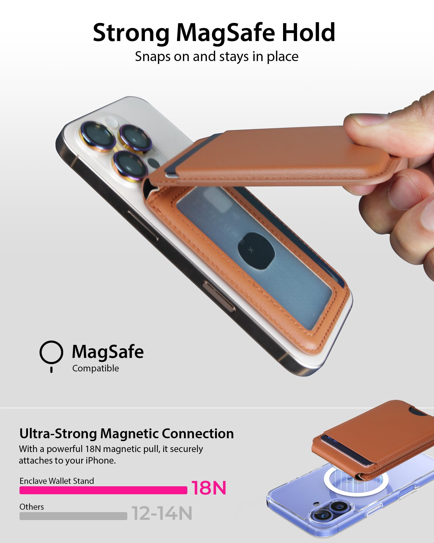 Upcommon Enclave Wallet Stand for iPhone 17/16/15/14/13/12 Series, Compatible with MagSafe, Magnetic 5 Card Holder, Adjustable Stand, RFID Blocking, Microfiber Leather (Tan)