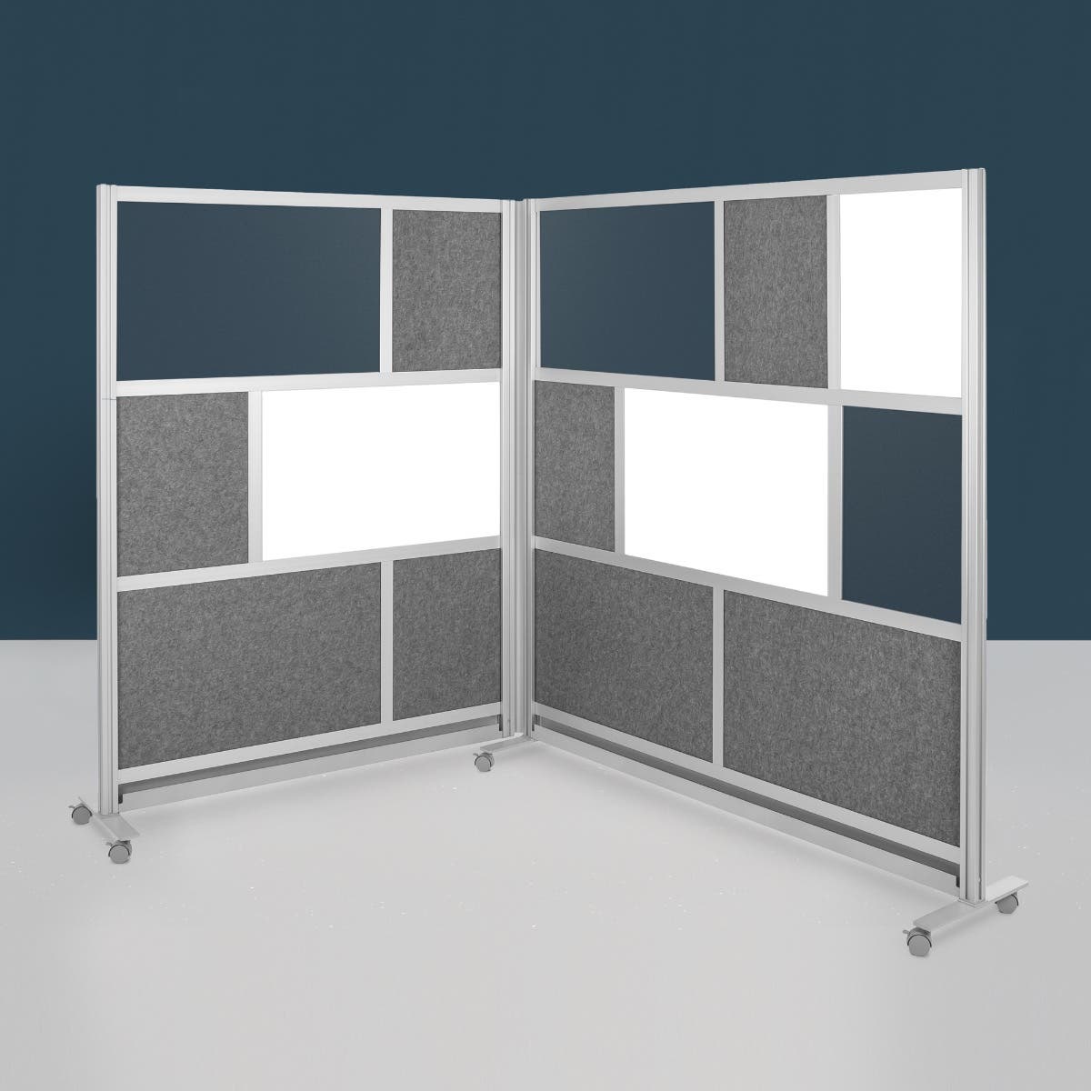 Luxor Workflow Modular Wall Bundle with 2 Walls + Hinge + Casters, 70" x 70" & 53" x 70", Silver, Freestanding