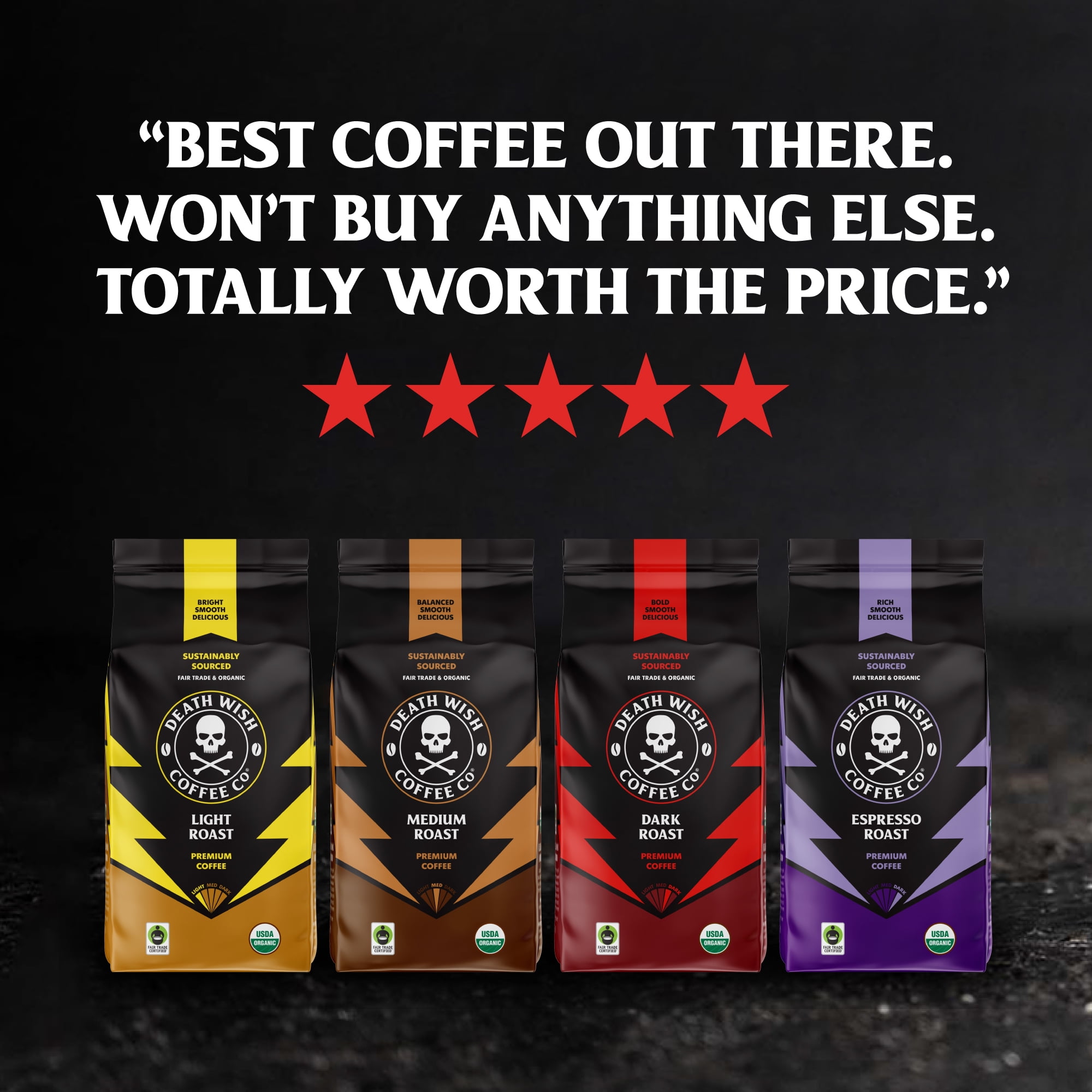 (6 pack) Death Wish Coffee, Medium Roast, Ground, Fair Trade, Organic, Bag, 10oz
